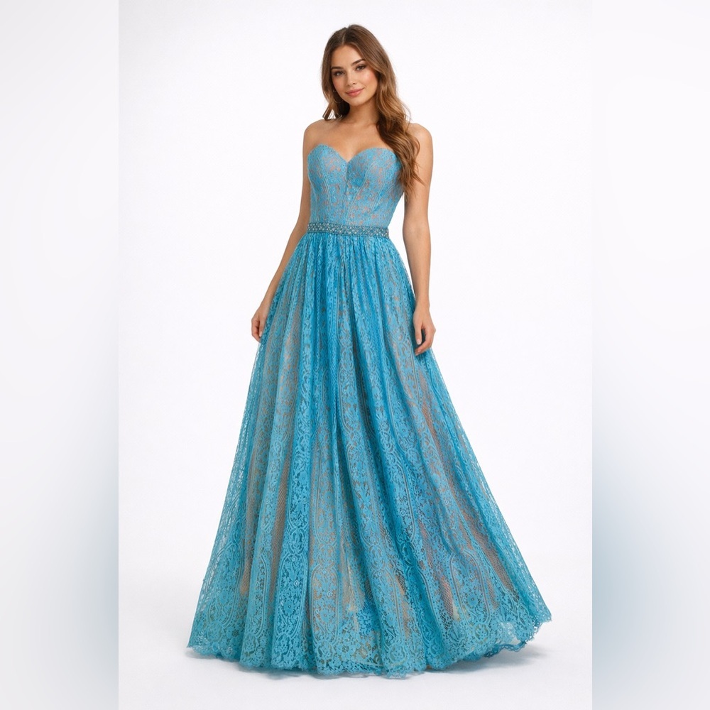 Angela & Alison Strapless Lace Prom GRAD Graduation Dress Turquoise Ball Gown 2